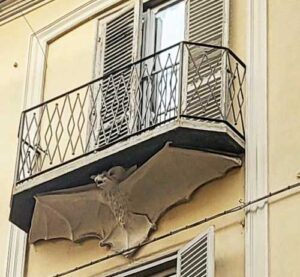 Palazzo dei Pipistrelli a Torino, vista esterna con dettaglio pipistrelli di pietra